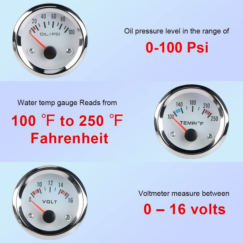 WATERWICH Triple Gauge Kit - 2 Inch 52mm Water Temperature, Oil Pressure, and Voltmeter for Cars, Trucks, and Marine - Image 2