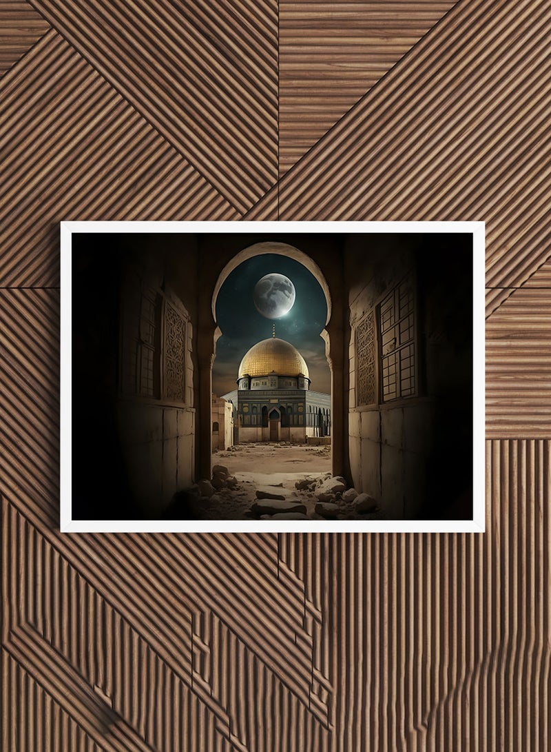 لوحة جدارية بوستر بإطار بتصميم قبة الصخرة بالمسجد الأقصى فلسطين مع القمر، للمنزل، غرفة المعيشة، المكتب، الديكور - Image 1