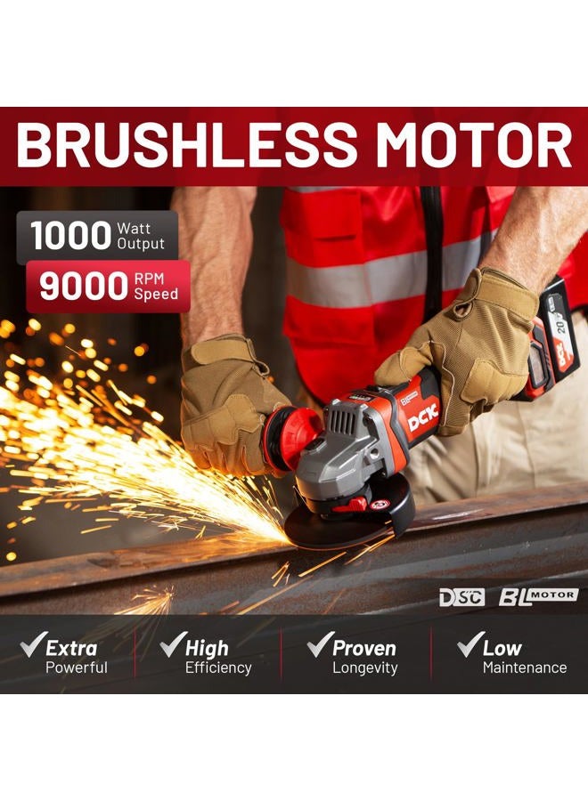 DCK 20V Cordless Angle Grinder, 4-1/2" Brushless Electric Grinder Tool with 4000mAh Battery, 6 Discs (2 Cutting/2 Grinding/2 Polishing), Protector Without - Image 2