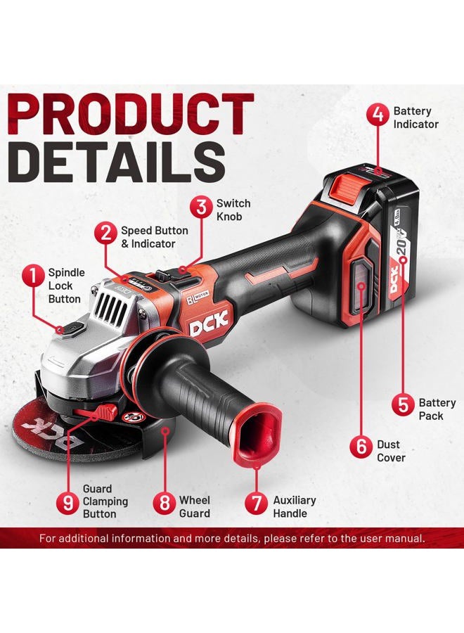 DCK 20V Cordless Angle Grinder, 4-1/2" Brushless Electric Grinder Tool with 4000mAh Battery, 6 Discs (2 Cutting/2 Grinding/2 Polishing), Protector Without - Image 4