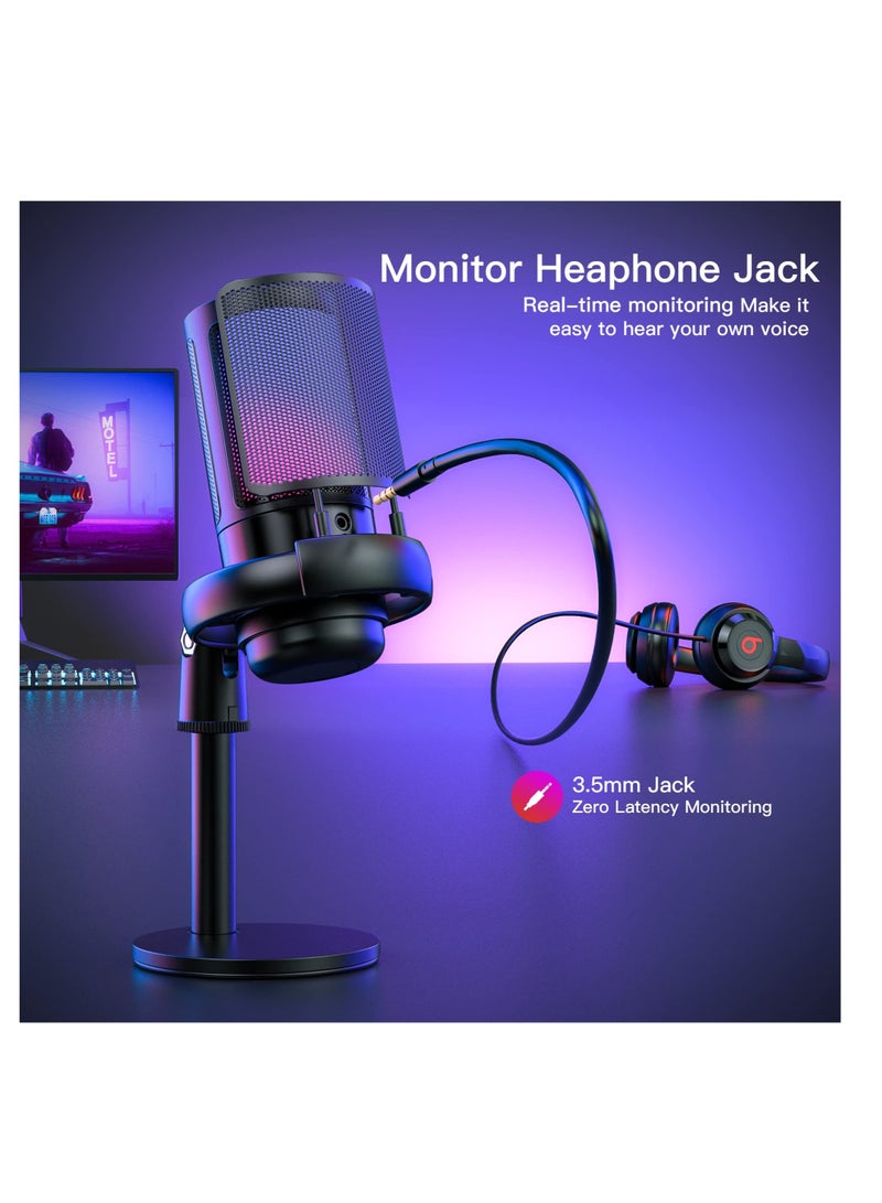 USB Microphone for PC, Gaming Mic for PS4/ PS5/ Mac/Phone, Condenser Mic with Quick Mute, RGB Lighting, Pop Filter, Shock Mount, Gain Control, for Gaming, Streaming, Podcasting, Recording, YouTube - Image 5