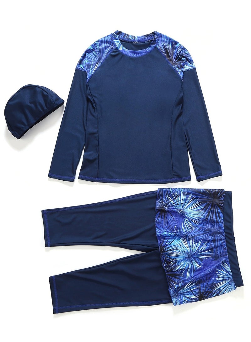 Loquat 3-Piece Muslim Conservative Islamic Swimwear Burkinis Swimsuit Set With Cap Set Nave Blue  - Image 2