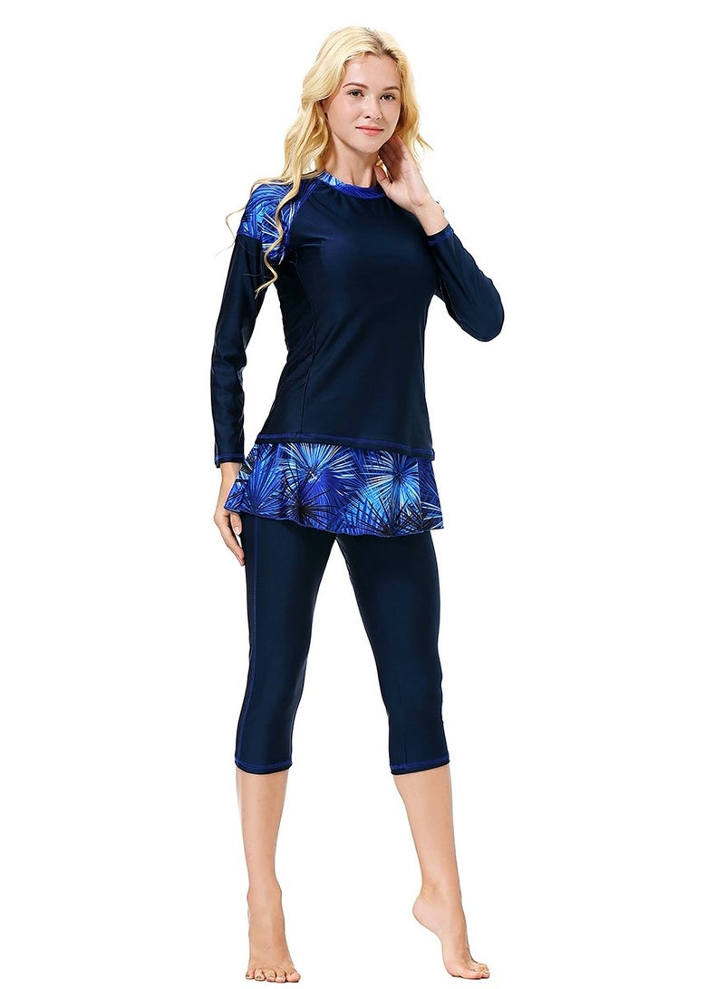 Loquat 3-Piece Muslim Conservative Islamic Swimwear Burkinis Swimsuit Set With Cap Set Nave Blue  - Image 3