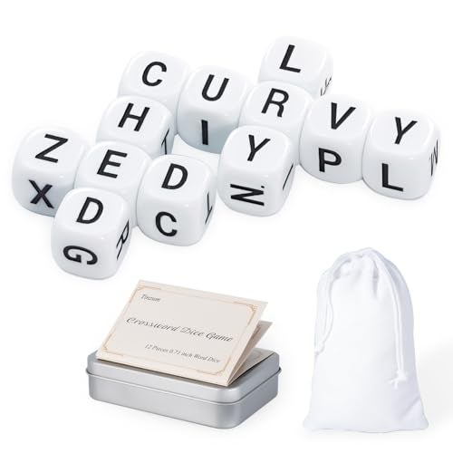 Tinzum 12 Pcs The Crossword Solitaire Game in White with Tin Box Velvet Bag Large Spelling Letter Dice Game for Adults Travel Game Night - Image 1