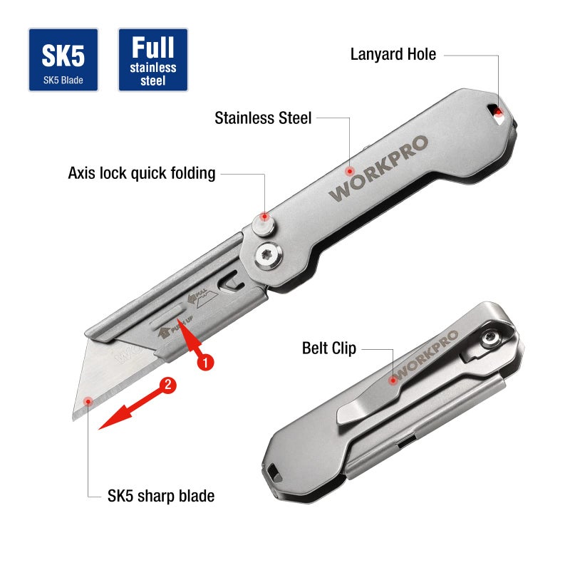 WORKPRO EDC Folding Utility Knife, Mini Box Cutter with Quick Open Axis Lock, Quick Change Blade Razor Knife, Foldable Small Pocket Knife with Belt Clip - Image 3