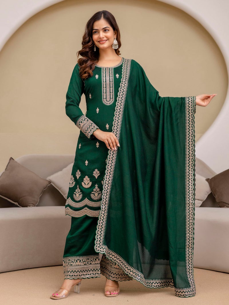 TRENDMALLS Women's Art Silk Embroidery Kurta Palazzo with Dupatta Set (G346-Green-S) - Image 3