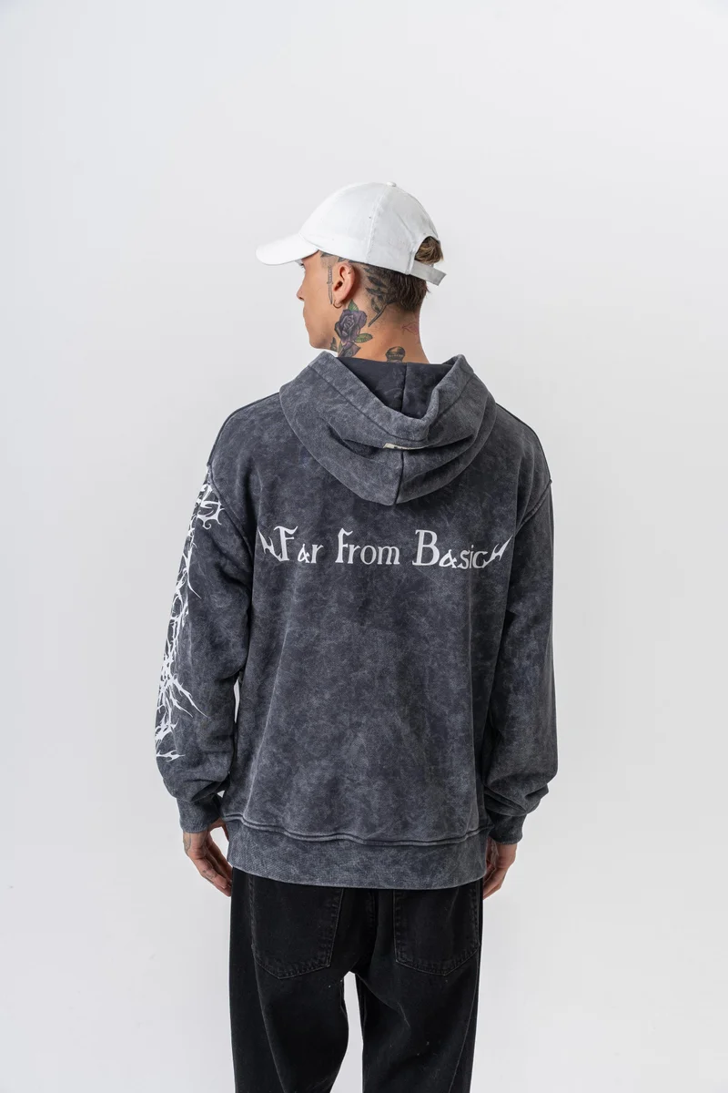 RESPIRE Men's Far From Basic Printed Washed Hooded Oversize Hoodie Black