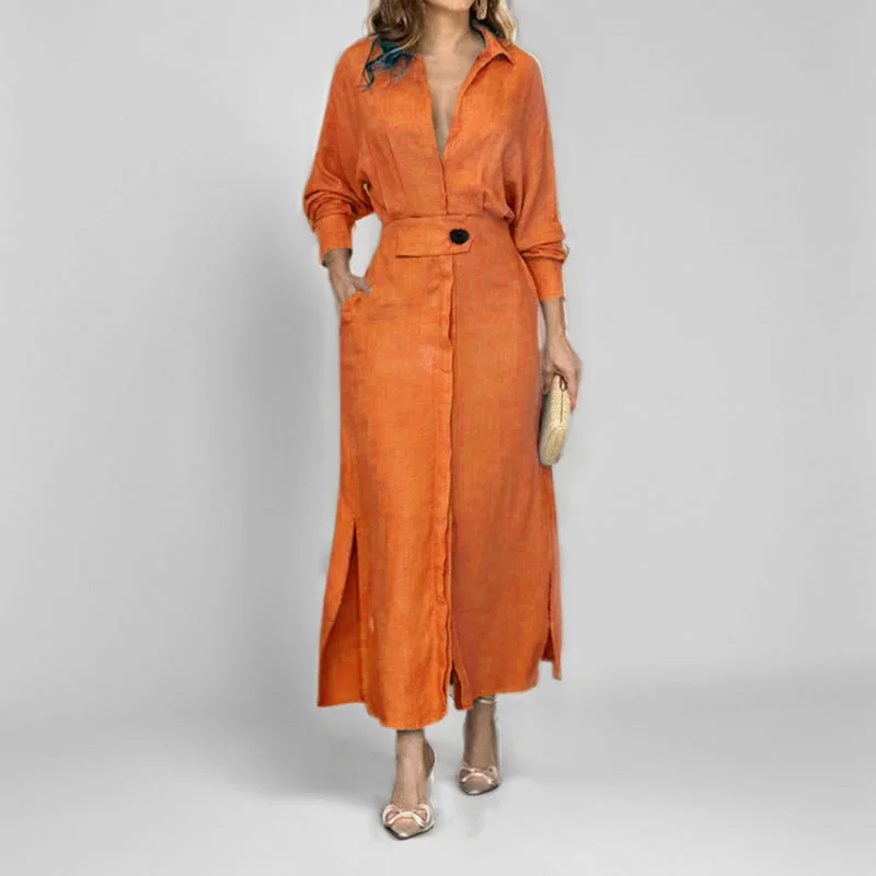 OUTZIDR Orange Shirt Dress With Side Slit