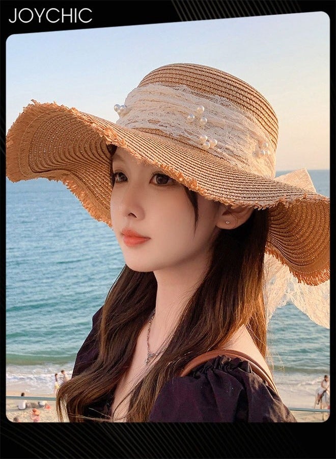 Joychic قبعة شمسية صيفية كبيرة مزينة Bow للنساء، قبعة واسعة الحواف لحماية من الشمس للسفر في الهواء الطلق - Image 1