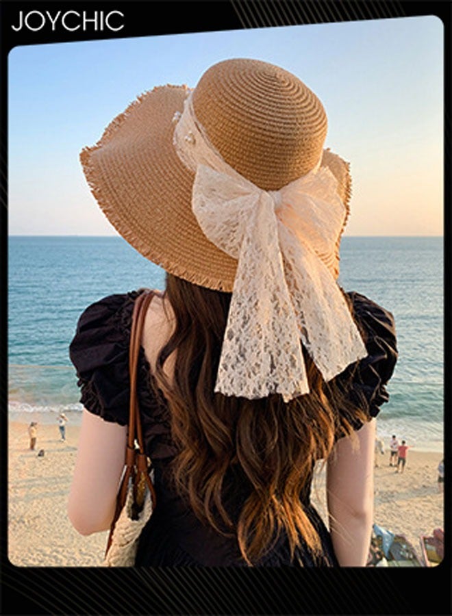 Joychic قبعة شمسية صيفية كبيرة مزينة Bow للنساء، قبعة واسعة الحواف لحماية من الشمس للسفر في الهواء الطلق - Image 3