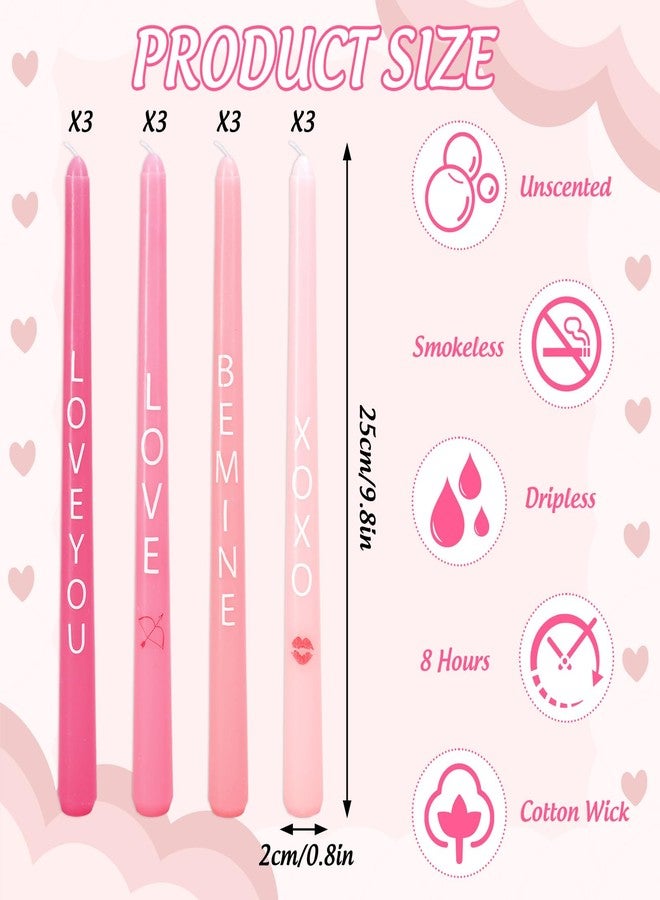 Whaline 12 Pcs Valentine's Day Taper Candles 10 Inch Wax Taper Candles Pink Love You Be Mine Long Unscented Candle Sticks for Wedding Anniversary Birthday Party - Image 2