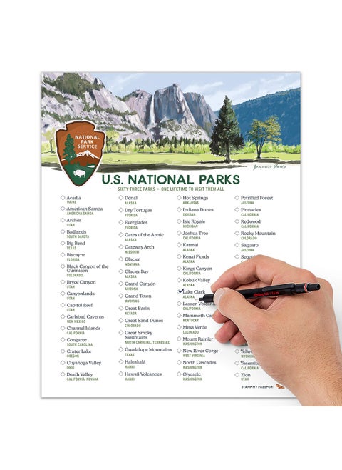 Stamp My Passport National Parks Checklist Poster  8x10 Unframed Bucket List Tracker for 63 US National Parks