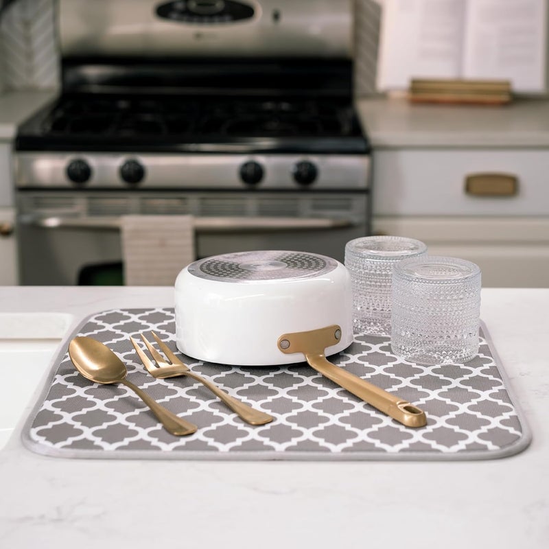 S&T INC. Absorbent, Reversible Microfiber Dish Drying Mat for Kitchen, 16 Inch x 18 Inch, White Trellis (497401) - Image 4