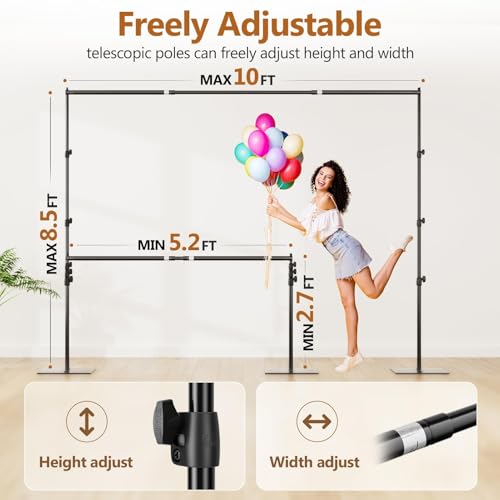 EMART Backdrop Stand 85ft Height 10ft Width Adjustable Photography Background Support Poles with Heavy Duty Flat Base Photo Metal Steel Pipe and Drape Frame Kit for Parties Birthday Wedding Black - Image 3