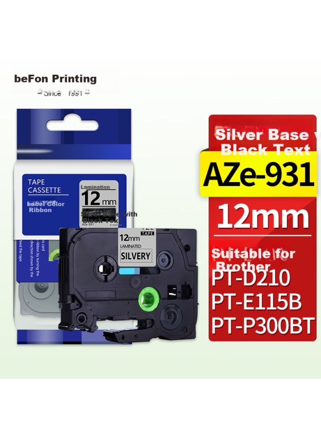 Befon Label Printer Tape Non-adhesive Label Paper Tape 12mm Aze-931 Silver Background Black Text Tzc Tze Compatible With Brother Pt-e115b Pt-d210 Pt-p300bt - Image 1
