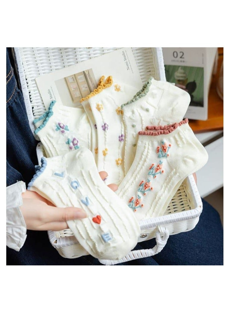 جوارب قطنية كاجوال للنساء، جوارب فريدة من نوعها، جوارب قصيرة منخفضة القطع مزينة بالزهور تناسب الخريف والشتاء، 5 أزواج بحجم واحد - Image 5