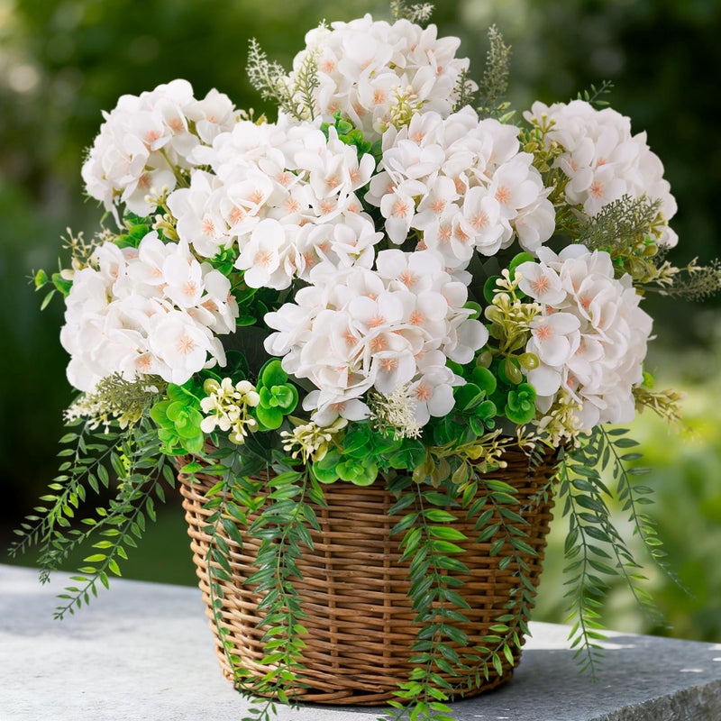 Ammyoo 8 Pcs Artificial Hydrangea Flowers Silk White Fake Flower with Eucalyptus for Outdoor Decorations UV Resistant Realistic Faux Plants for Garden Porch Window Box Indoor Bathroom Dining Table Decor - Image 1