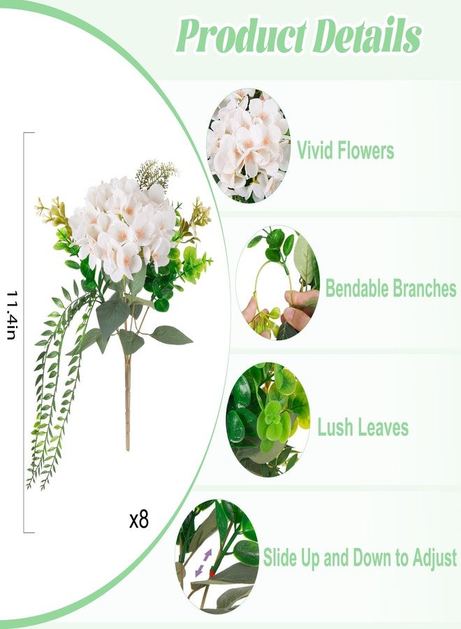 Ammyoo 8 Pcs Artificial Hydrangea Flowers Silk White Fake Flower with Eucalyptus for Outdoor Decorations UV Resistant Realistic Faux Plants for Garden Porch Window Box Indoor Bathroom Dining Table Decor - Image 3