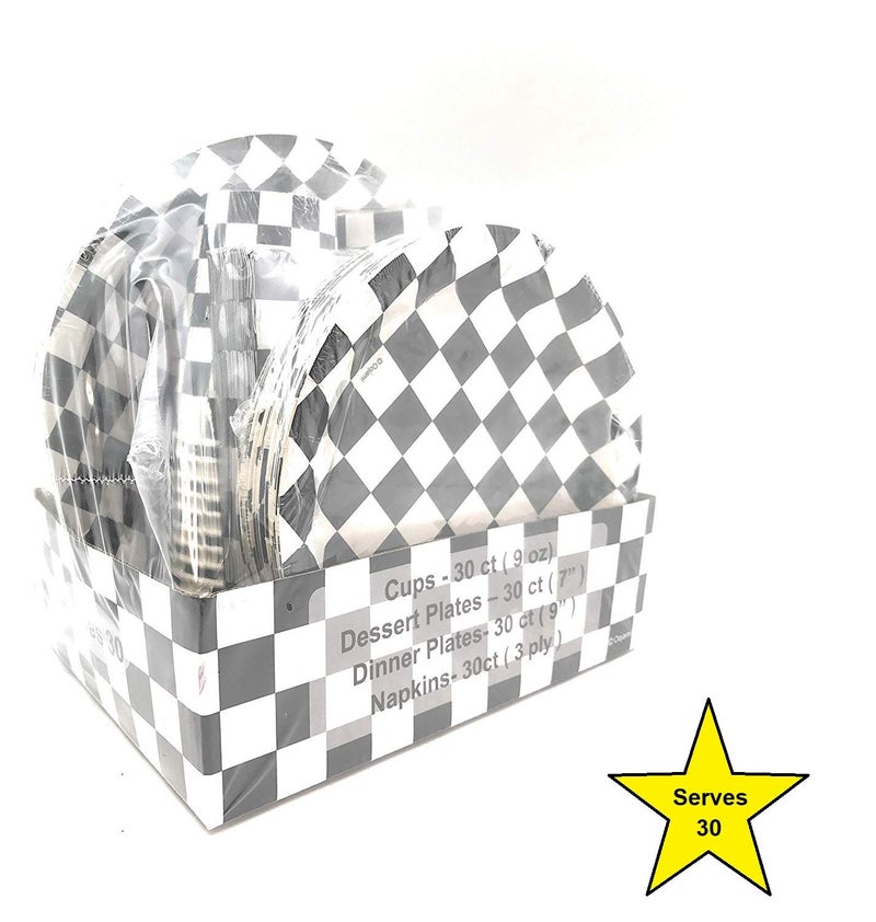 Oojami 120 piece Complete Party Pack Black and White Checkered 9" Dinner Paper Plates 7" Dessert Paper Plates 9 oz Cups 3 Ply Napkins Race Car Party Theme - Image 2