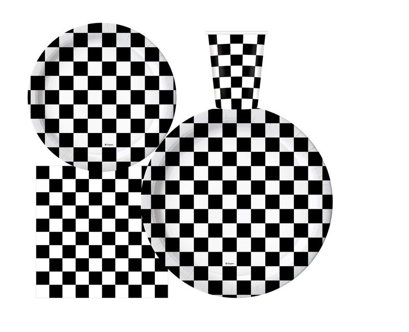 Oojami 120 piece Complete Party Pack Black and White Checkered 9" Dinner Paper Plates 7" Dessert Paper Plates 9 oz Cups 3 Ply Napkins Race Car Party Theme - Image 1
