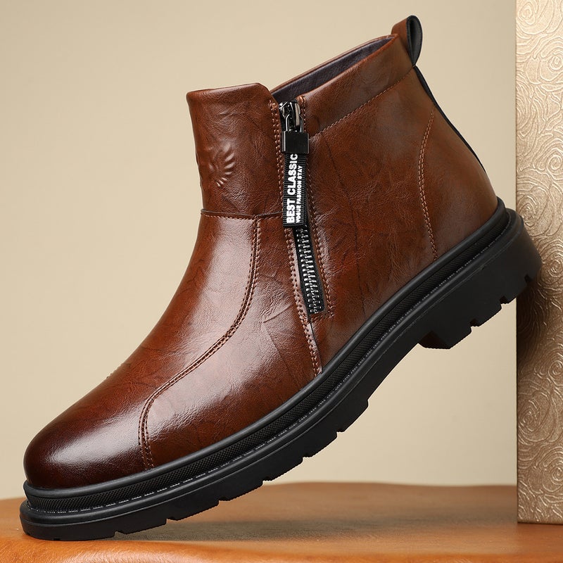 Breathable All-Match Martin Leather Boots Mid-Barrel British Style Single Boots Round Toe Side Zipper Martin Boots Business Men'S Leather Boots - Image 4