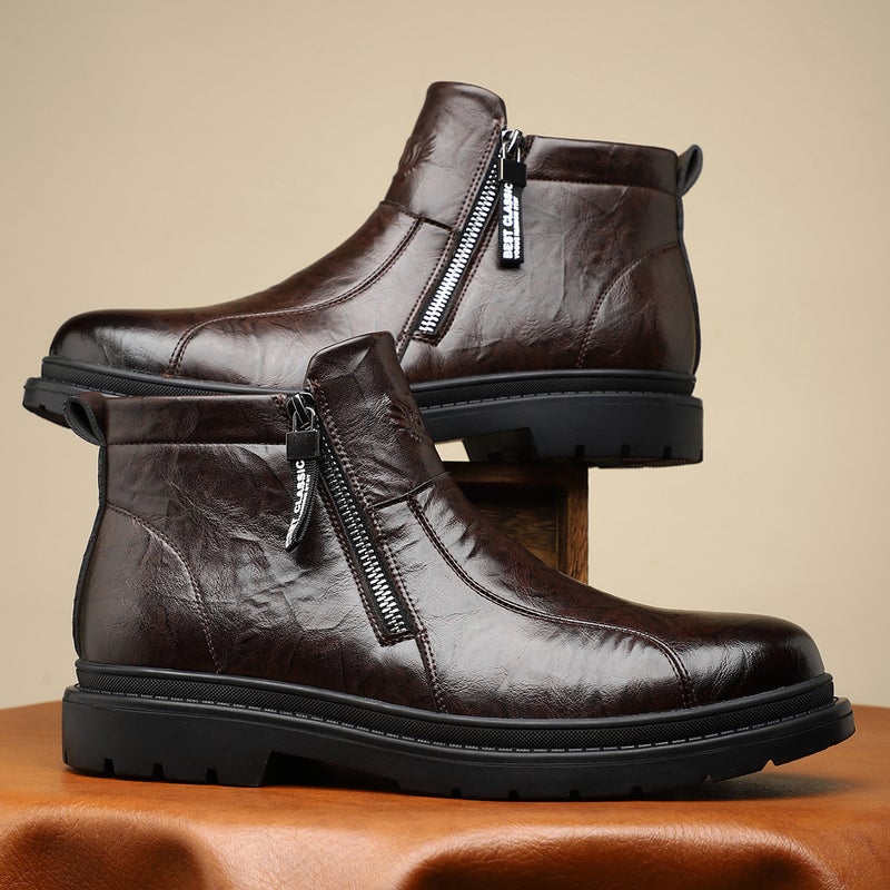 Breathable All-Match Martin Leather Boots Mid-Barrel British Style Single Boots Round Toe Side Zipper Martin Boots Business Men'S Leather Boots - Image 1