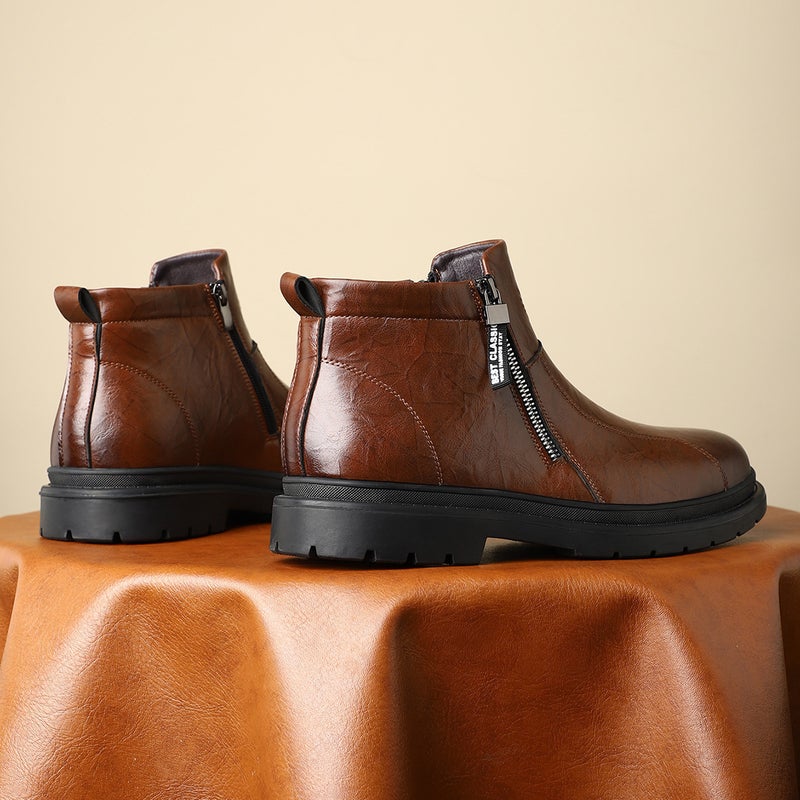 Breathable All-Match Martin Leather Boots Mid-Barrel British Style Single Boots Round Toe Side Zipper Martin Boots Business Men'S Leather Boots - Image 3