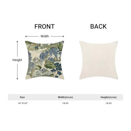 AEIOAE Sage Green Blue Chinoiserie Pillow Covers 18x18 Set of 2 Chinoiserie Tree Leaves Decorative Throw Pillow Modern Outdoor Linen Square Farmhouse Asian Scenic Cushion Cover for Home Couch Sofa - Image 3