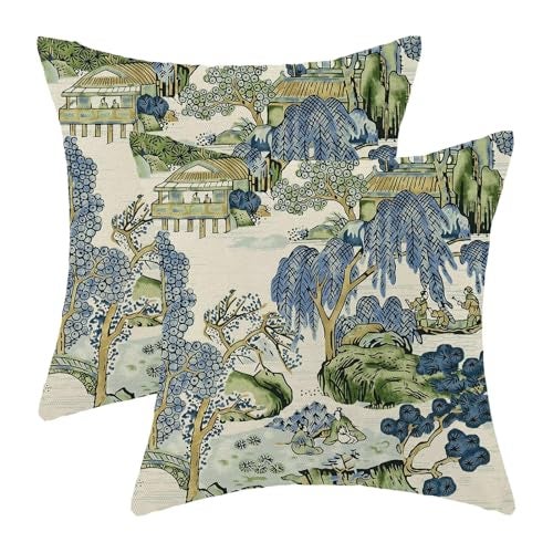 AEIOAE Sage Green Blue Chinoiserie Pillow Covers 18x18 Set of 2 Chinoiserie Tree Leaves Decorative Throw Pillow Modern Outdoor Linen Square Farmhouse Asian Scenic Cushion Cover for Home Couch Sofa - Image 1