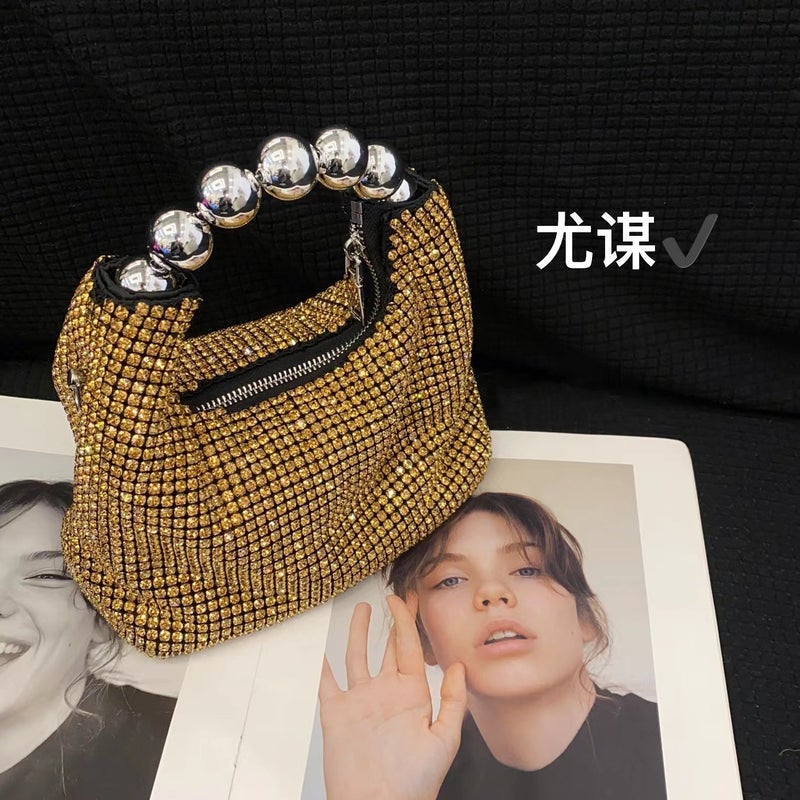 French Retro Socialite Diamond Bag Beaded Silver Pearl Shiny Full Rhinestone Pillow Boston Clutch Messenger Bag - Image 4