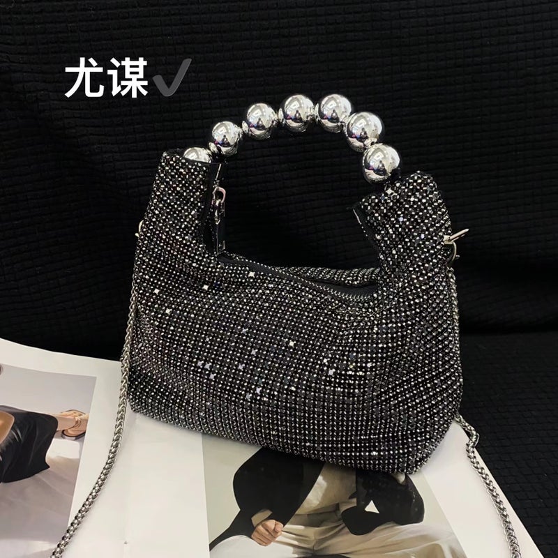 French Retro Socialite Diamond Bag Beaded Silver Pearl Shiny Full Rhinestone Pillow Boston Clutch Messenger Bag - Image 1