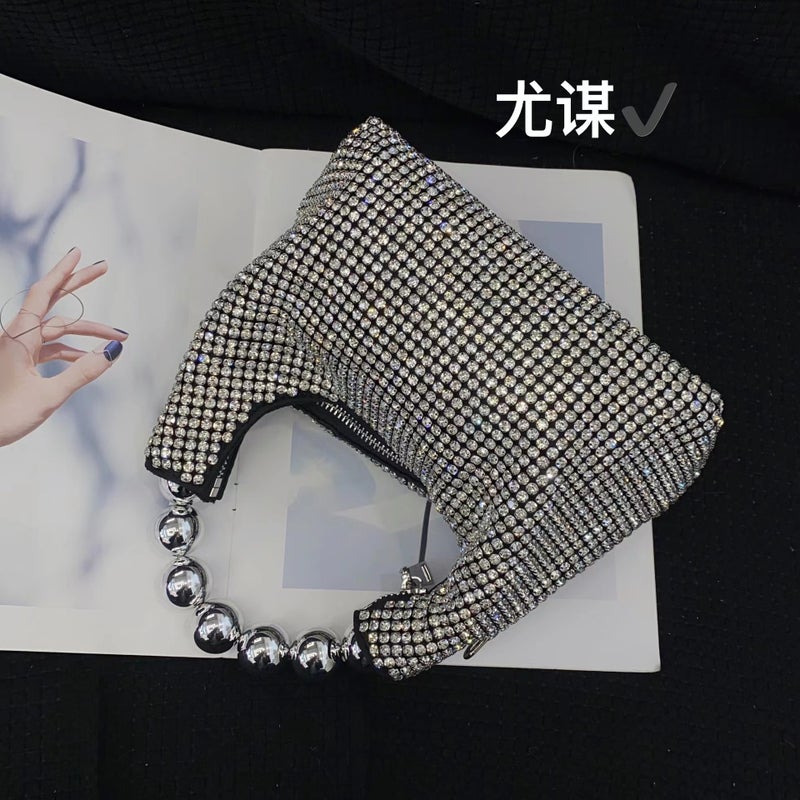French Retro Socialite Diamond Bag Beaded Silver Pearl Shiny Full Rhinestone Pillow Boston Clutch Messenger Bag - Image 2