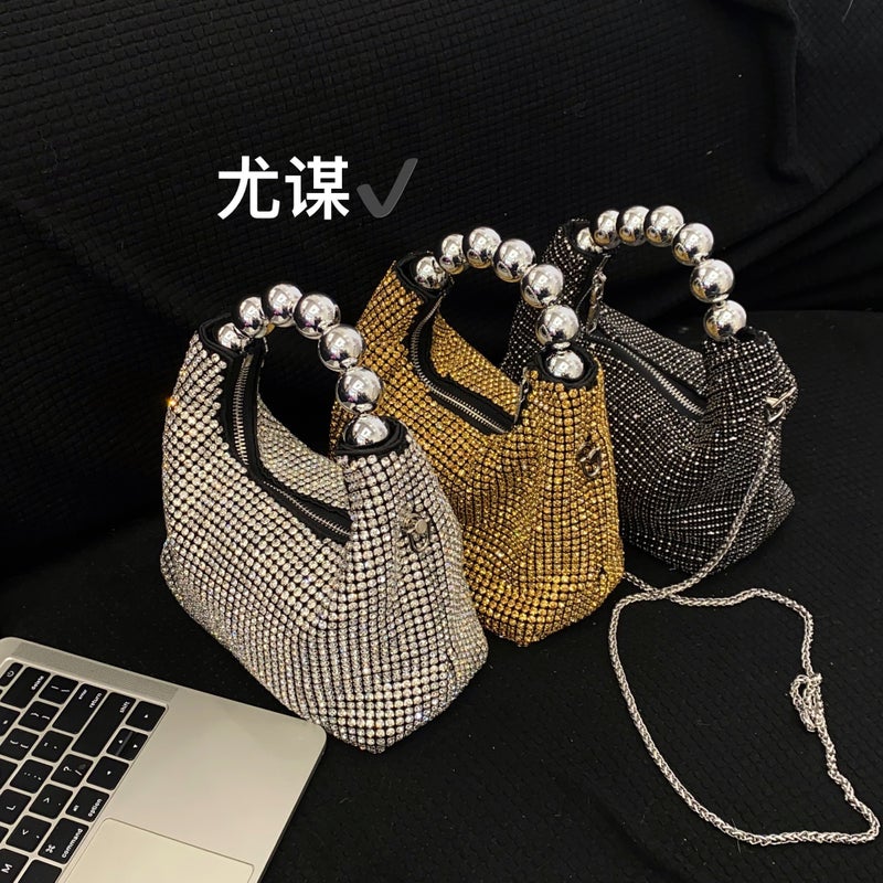 French Retro Socialite Diamond Bag Beaded Silver Pearl Shiny Full Rhinestone Pillow Boston Clutch Messenger Bag - Image 5