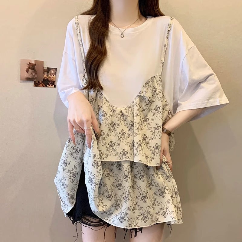 Plus Size Strap Floral Fake Two-Piece Short-Sleeved T-Shirt Women'S Summer Chubby Girl Loose Hidden Meat Top - Image 5