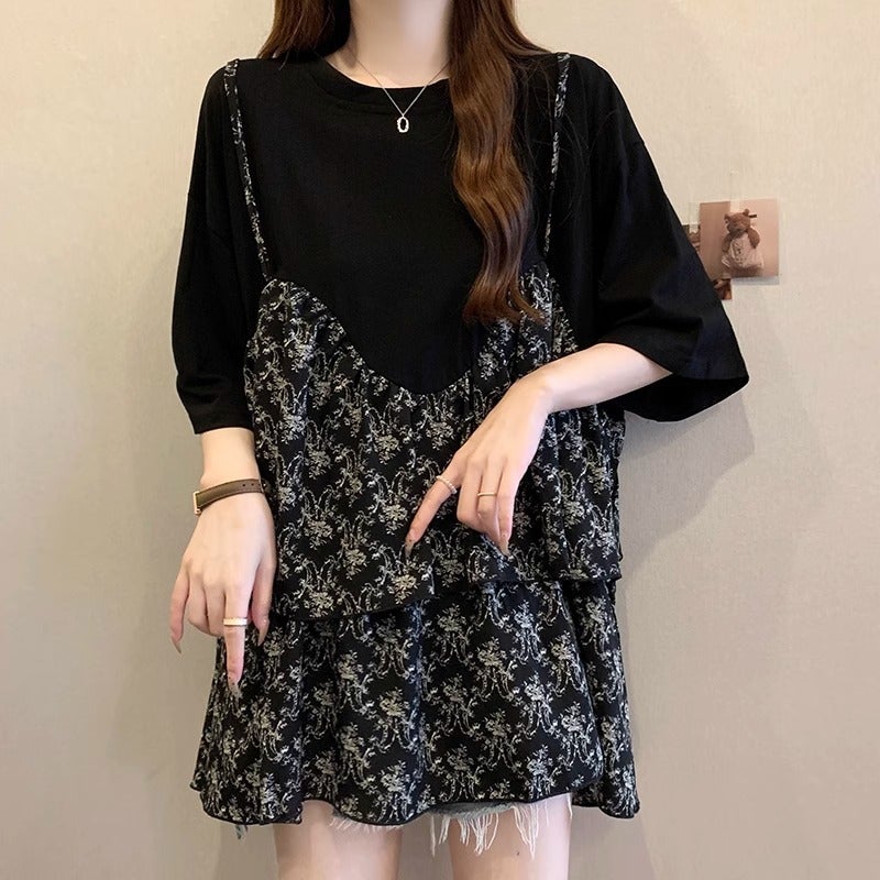 Plus Size Strap Floral Fake Two-Piece Short-Sleeved T-Shirt Women'S Summer Chubby Girl Loose Hidden Meat Top - Image 2