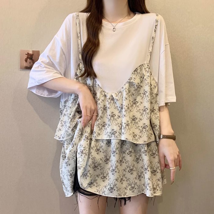 Plus Size Strap Floral Fake Two-Piece Short-Sleeved T-Shirt Women'S Summer Chubby Girl Loose Hidden Meat Top - Image 1