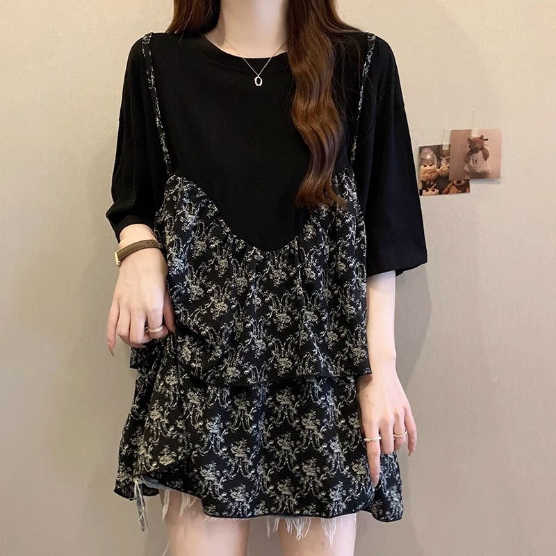 Plus Size Strap Floral Fake Two-Piece Short-Sleeved T-Shirt Women'S Summer Chubby Girl Loose Hidden Meat Top - Image 4