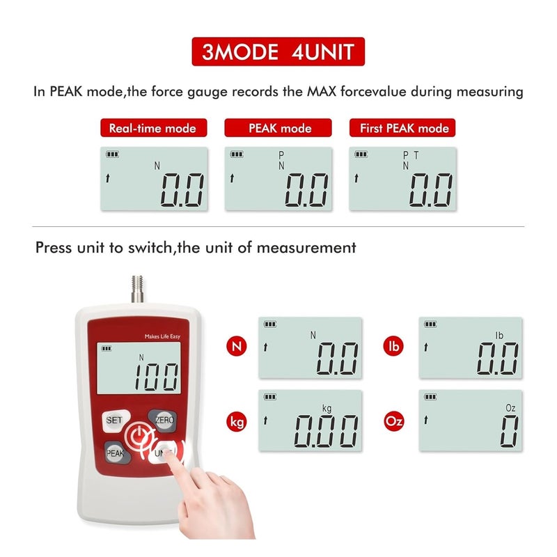 Force Gauge， Force Meter, 10-500N 1-50kg 2.2-110Lb 36-1800Oz Digital Gauge Push Pull Tester Portable with Auto Backlit LCD, Power-Off,Dynamometer,for Lab Tension(VDFG-10) - Image 3