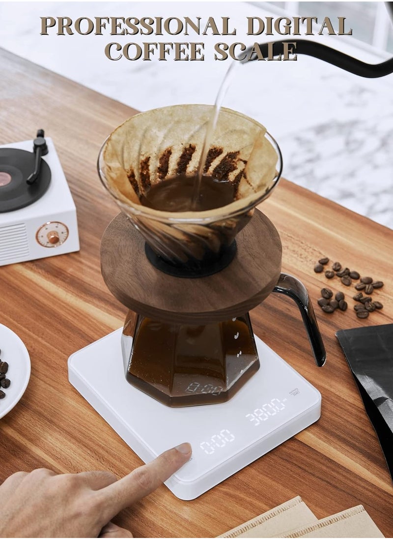 Digital Coffee Scale with Timer, 3 KG/0.1 g Rechargeable Kitchen Scale with Invisible Screen, Tare and Auto On/Off Functions, Measures in Grams/Ounces/Milliliter (White)