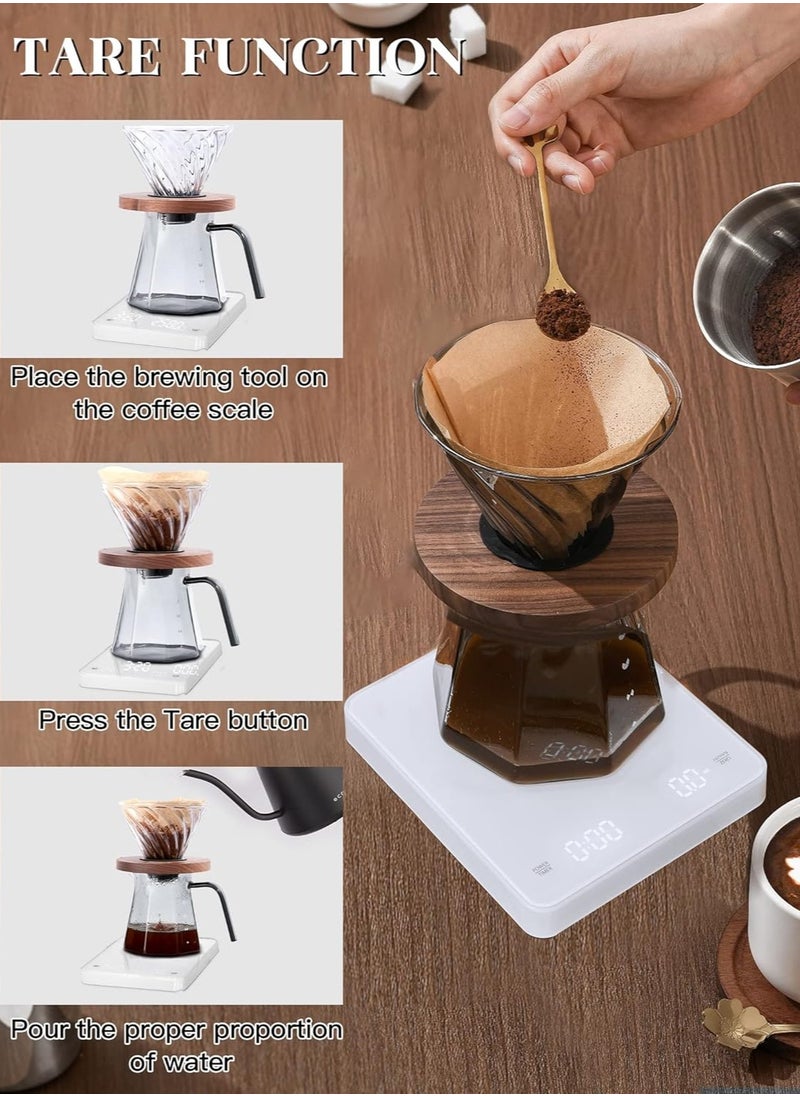 Digital Coffee Scale with Timer, 3 KG/0.1 g Rechargeable Kitchen Scale with Invisible Screen, Tare and Auto On/Off Functions, Measures in Grams/Ounces/Milliliter (White)