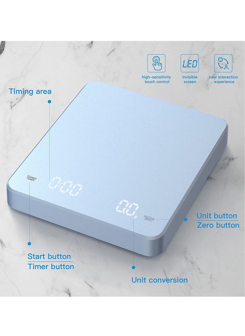 Digital Coffee Scale with Timer, 3 KG/0.1 g Rechargeable Kitchen Scale with Invisible Screen, Tare and Auto On/Off Functions, Measures in Grams/Ounces/Milliliter (White)