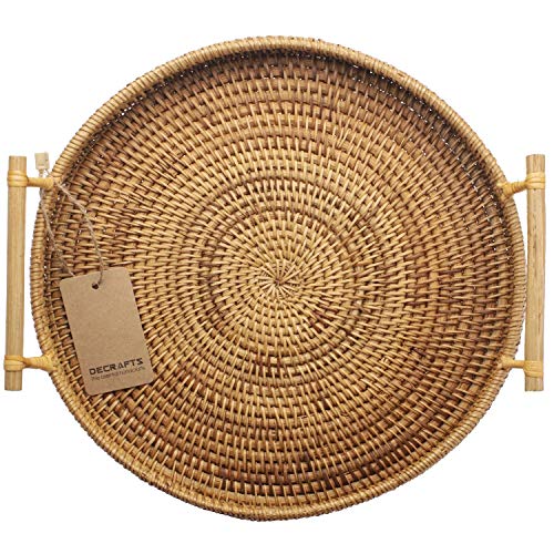 DECRAFTS Rattan Round Serving Tray Wicker Woven Bread Basket with Handles for Cracker Dinner Parties Coffee Table Breakfast (Natural 12.6 inches) - Image 1
