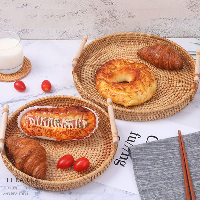 DECRAFTS Rattan Round Serving Tray Wicker Woven Bread Basket with Handles for Cracker Dinner Parties Coffee Table Breakfast (Natural 12.6 inches) - Image 5