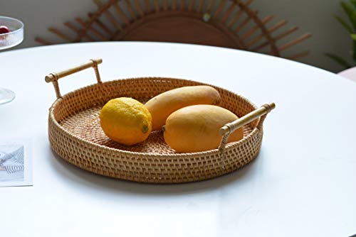 DECRAFTS Rattan Round Serving Tray Wicker Woven Bread Basket with Handles for Cracker Dinner Parties Coffee Table Breakfast (Natural 12.6 inches) - Image 3