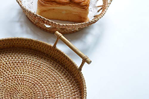 DECRAFTS Rattan Round Serving Tray Wicker Woven Bread Basket with Handles for Cracker Dinner Parties Coffee Table Breakfast (Natural 12.6 inches) - Image 4