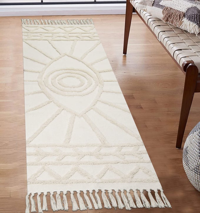 BOHO RUNNER RUG 2X6 BEIGE EVIL EYE TUFTED HALLWAY RUG RUNNER WITH TASSELS SOFT COTTON WOVEN WASHABLE KITCHEN RUGS MODERN MINIMALIST ACCENT RUG FOR BEDROOM LIVING ROOM LAUNDRY PORCH