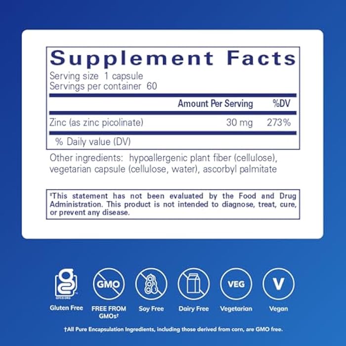 Pure Encapsulations Zinc 30 mg - Supplement for Immune System Support, Growth and Development, and Wound Healing* - with Zinc Picolinate 30 mg - 60 Capsules - Image 2