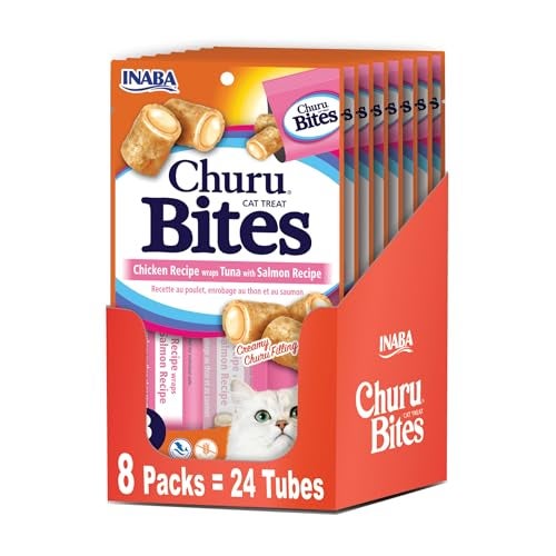 Inaba Churu Bites for Cats, Soft Baked Chicken Churu Filled Cat Treats with Vitamin E, 0.35 Ounces Each Tube, 24 Tubes Total (3 per Pack), Tuna with Salmon Recipe - Image 1