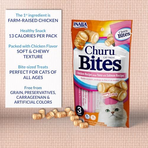 Inaba Churu Bites for Cats, Soft Baked Chicken Churu Filled Cat Treats with Vitamin E, 0.35 Ounces Each Tube, 24 Tubes Total (3 per Pack), Tuna with Salmon Recipe - Image 3