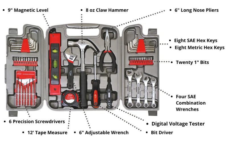 Apollo Tools 53 Piece Home Repair Tool Set with Toolbox Storage Case, Basic Tool Set for General Household Repairs and DIY, Includes Most Useful Hand Tools - Red - Image 3